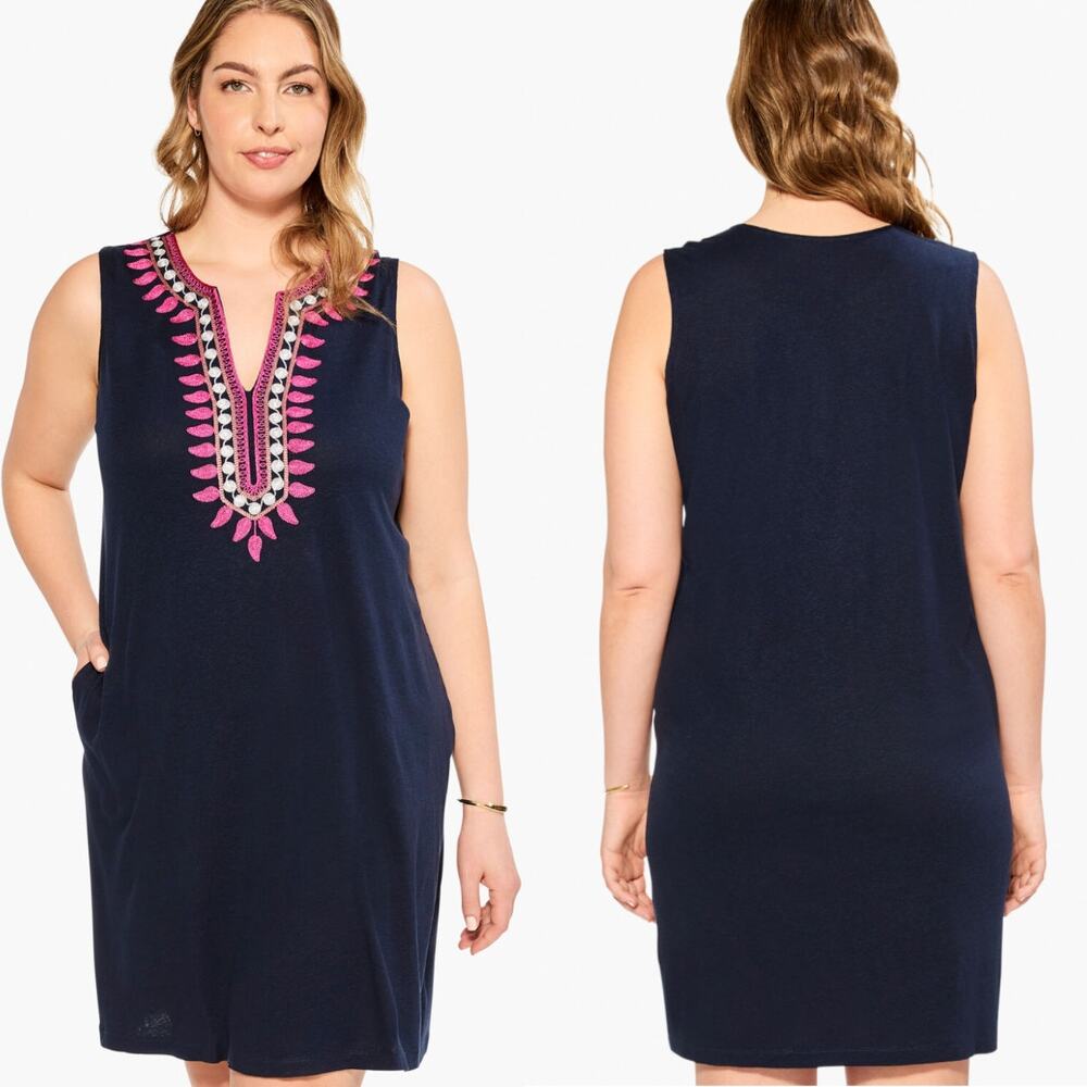 Nic + Zoe Navy Blue Pink Embroidered Linen Mini Summer Retreat Dress Womens 1X